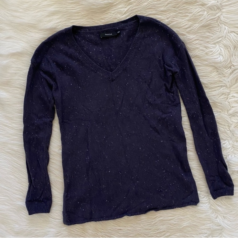 Aritzia Talula Blue Marled Knit V-Neck Wool Blend Sweater Vented Hem Jumper - Picture 3 of 11